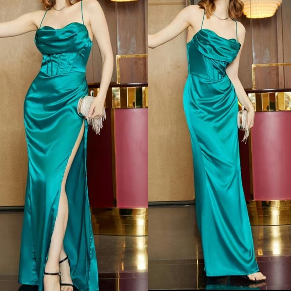 Luxe slit thigh crisscross back party formal evening satin gown dress